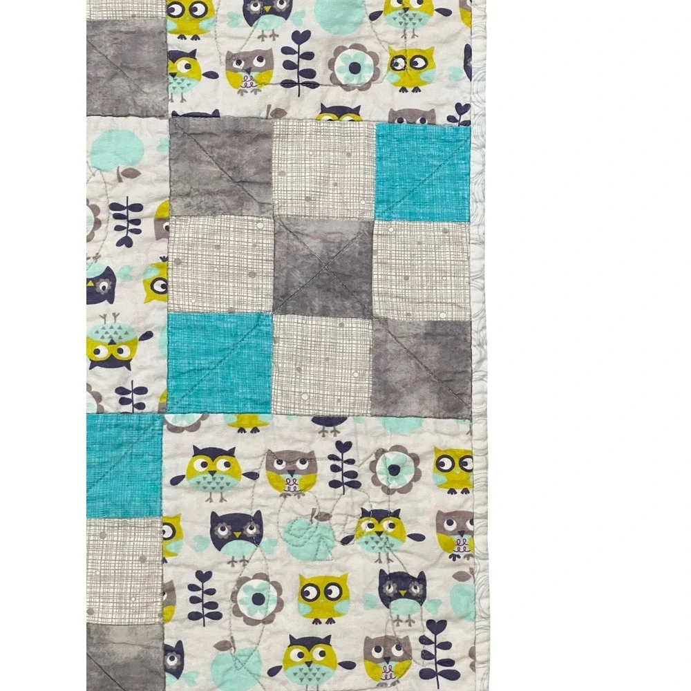 Handmade Owl Patchwork Quilt Aqua Gray Baby Toddler Nursery Woodland